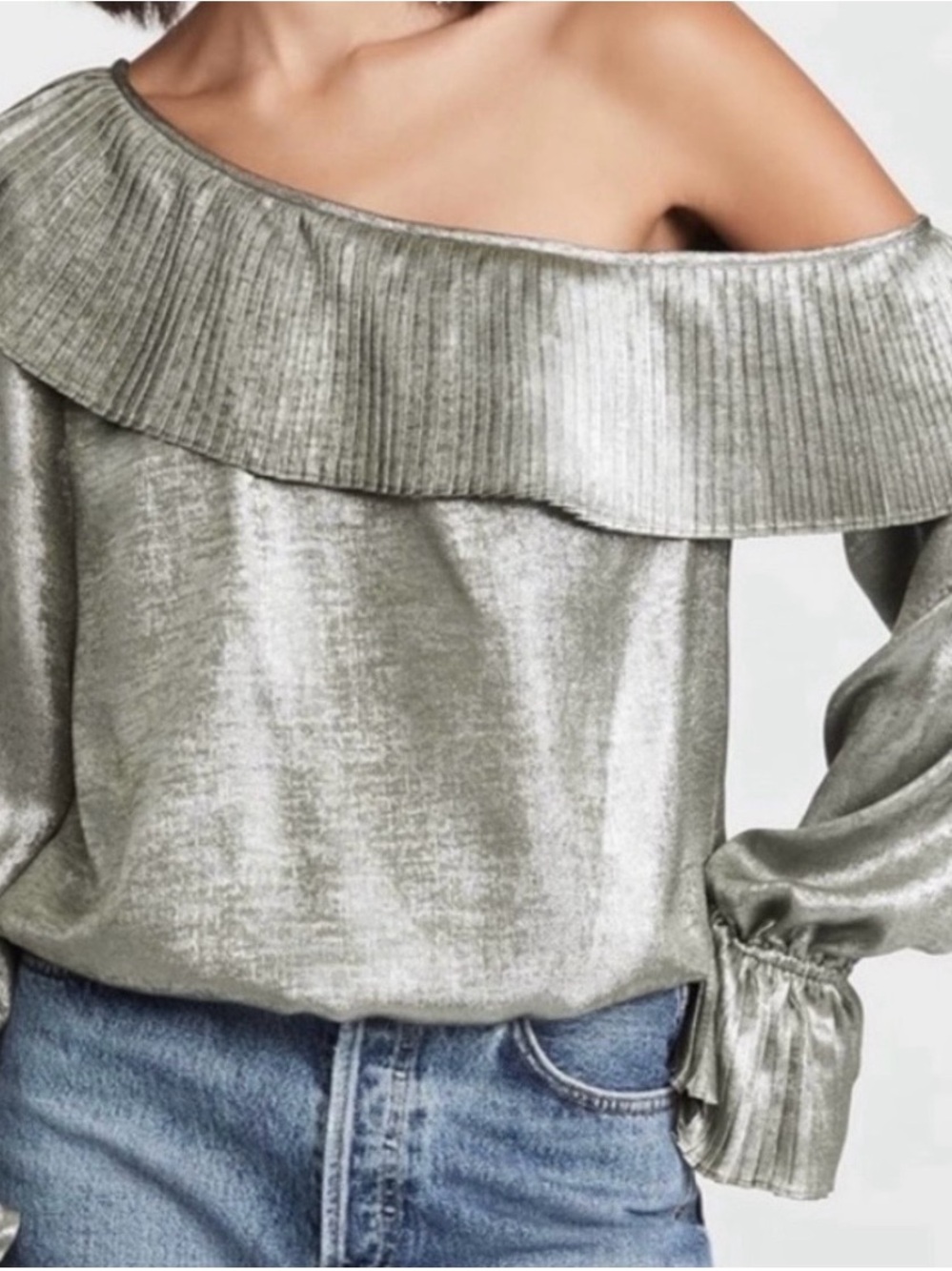 Ramy Brook Sharese Metallic Silver Off-Shoulder Ruffle Top